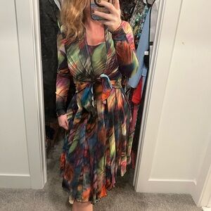 Elana Kattan | AQUARELLE Sleeveless Mid Calf Fit N Flare Mesh Dress Multicolor